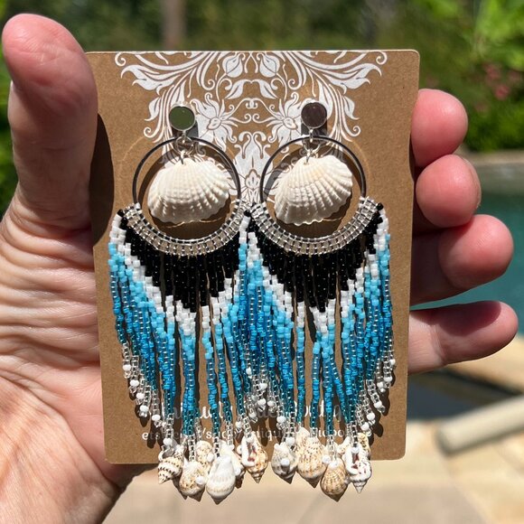 Handmade Beaded Long Tassel Fringe Dangle Drop Mermaid Post Shell Earrings - Picture 3 of 7